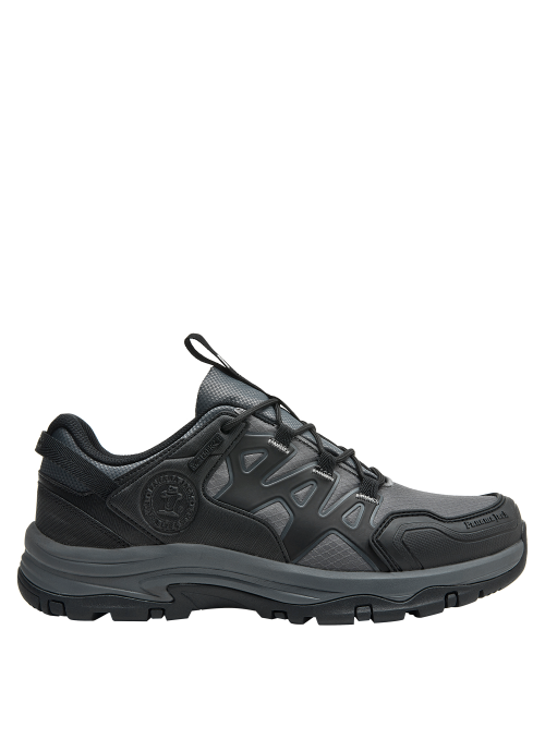 Zapatilla de trekking gris unisex, confeccionada con material sintético resistente al agua.