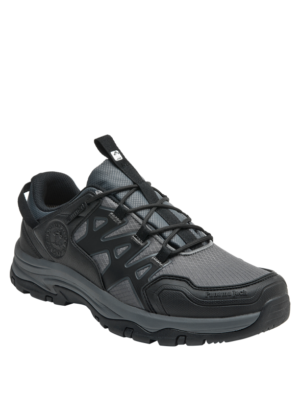 Zapatilla de trekking gris unisex, confeccionada con material sintético resistente al agua.