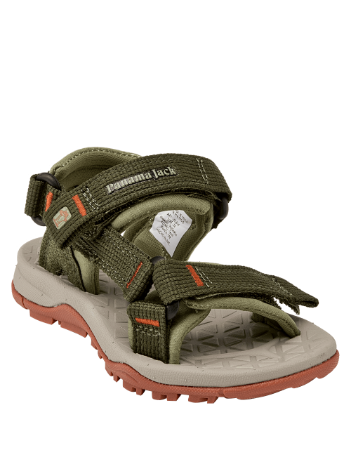 Calzado outdoor verde para niño, diseño de punta abierta y suela plana.