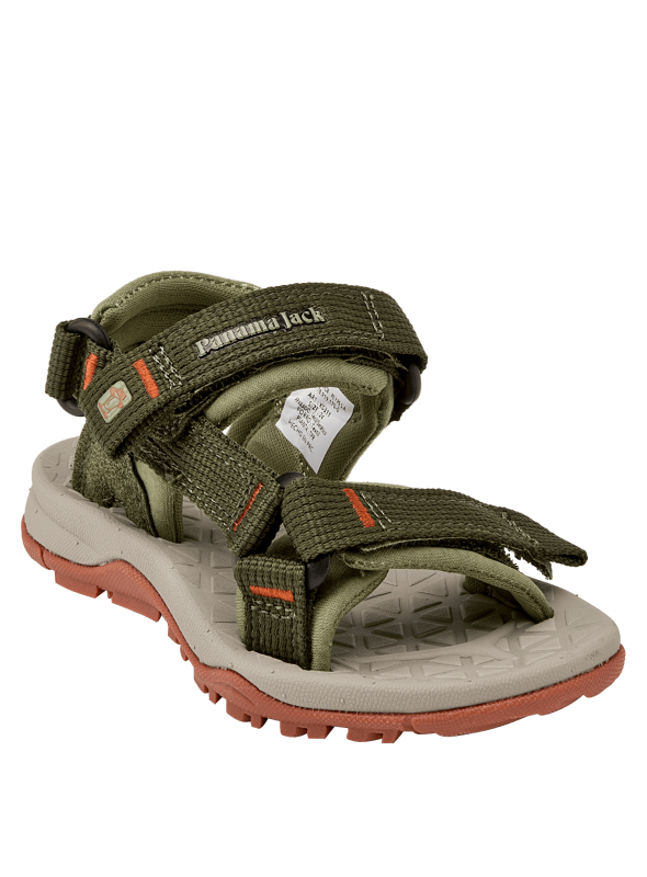 Calzado outdoor verde para niño, diseño de punta abierta y suela plana.