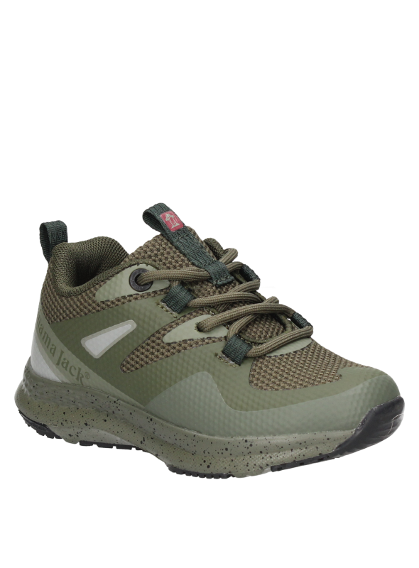 Zapatilla textil verde para niño, diseño casual, adecuada para paseos en la ciudad.