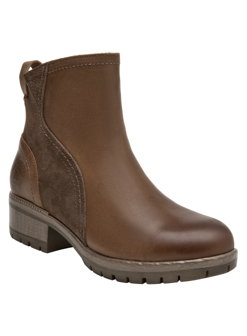 Botín de mujer café, altura de taco de 4.5 cm, ideal para actividades diarias.