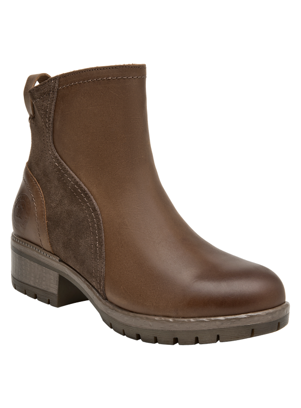 Botín de mujer café, altura de taco de 4.5 cm, ideal para actividades diarias.