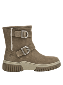 Botas de cuero taupe, estilo casual femenino, perfectas para caminar en terrenos variados.