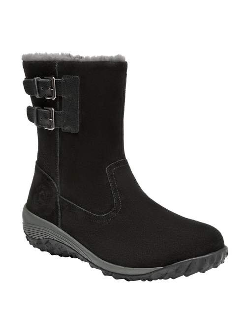 Calzado casual negro de cuero para mujer, con taco plano de 5 cm, ideal para comodidad.