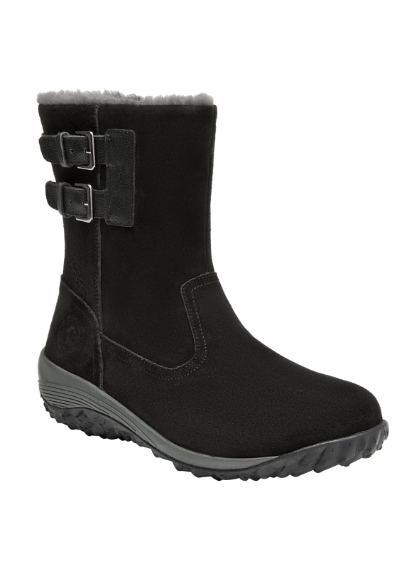 Calzado casual negro de cuero para mujer, con taco plano de 5 cm, ideal para comodidad.