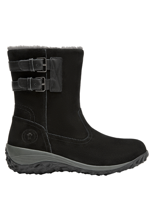 Calzado casual negro de cuero para mujer, con taco plano de 5 cm, ideal para comodidad.