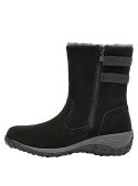 Bota de cuero negro para mujer, detalles en hebillas, adecuada para climas fríos.