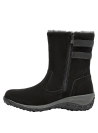 Bota de cuero negro para mujer, detalles en hebillas, adecuada para climas fríos.