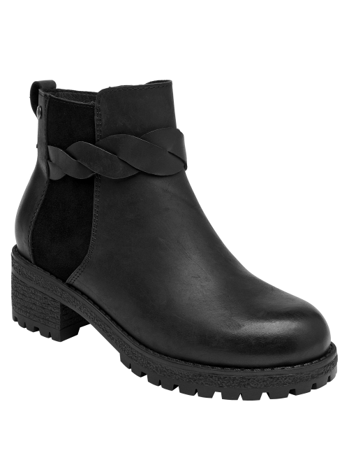 Botín negro de cuero para mujer, taco bloque de 5 cm, cómodo para actividades diarias.