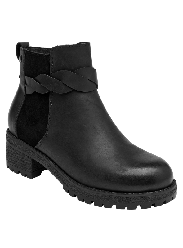 Botín negro de cuero para mujer, taco bloque de 5 cm, cómodo para actividades diarias.