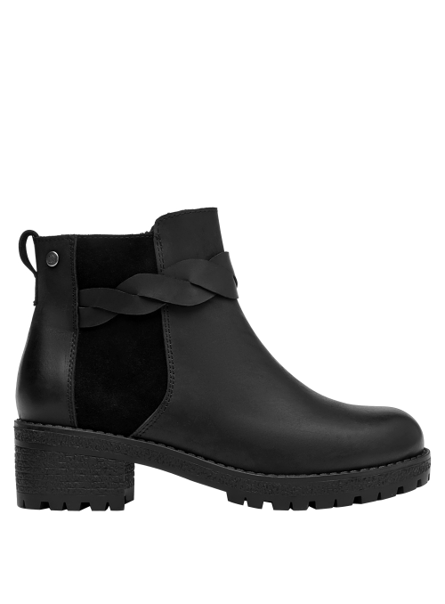 Botín negro de cuero para mujer, taco bloque de 5 cm, cómodo para actividades diarias.