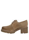 Calzado de cuero taupe para mujer, con tacón bloque, adecuado para looks informales.