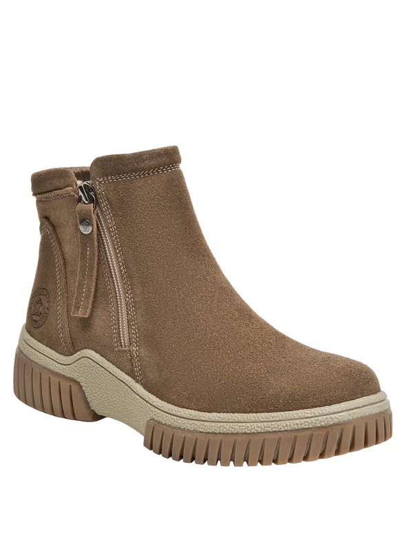 Botín casual de mujer en color taupe, confeccionado en cuero, perfecto para combinar con jeans.