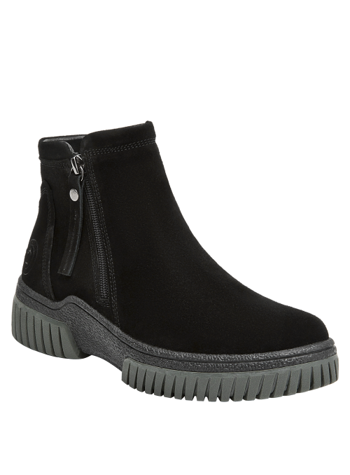 Botín casual negro de cuero, con cierre lateral, perfecto para jeans y chaquetas.