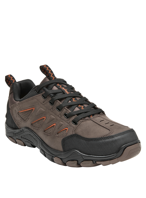 Zapatillas para hombre en taupe con detalles en naranja, perfectas para aventuras y comodidad diaria.