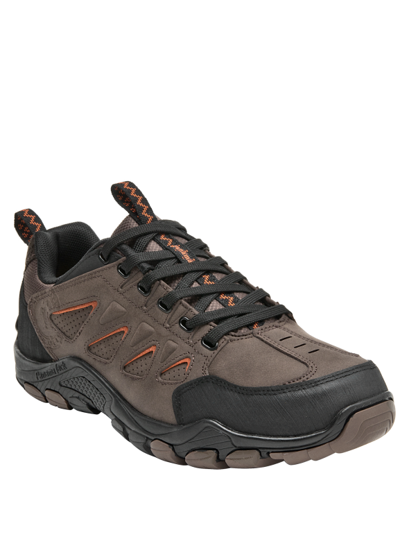Zapatillas para hombre en taupe con detalles en naranja, perfectas para aventuras y comodidad diaria.