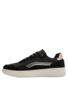 Zapatilla de textil negro para mujer, diseño plano con detalles en gris.