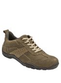 Zapatillas de cuero taupe para mujer, diseño versátil para looks casuales y frescos.