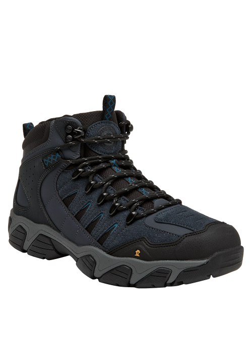 Botín para hombre en color azul, con taco plano de 5 cm, recomendado para caminatas y senderismo.
