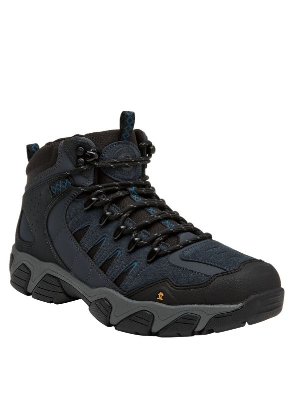 Botín para hombre en color azul, con taco plano de 5 cm, recomendado para caminatas y senderismo.
