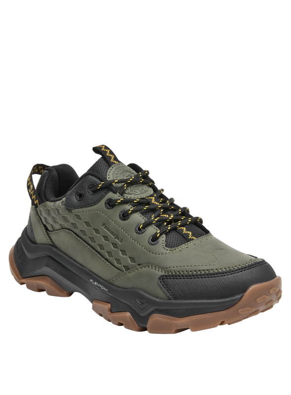 Zapatillas outdoor verdes para hombre, con suela plana de 5 cm, diseñadas para comodidad y estabilidad.