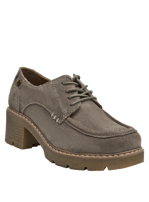 Zapato de cuero taupe para mujer, con taco bloque, ideal para vestir con jeans o vestido.