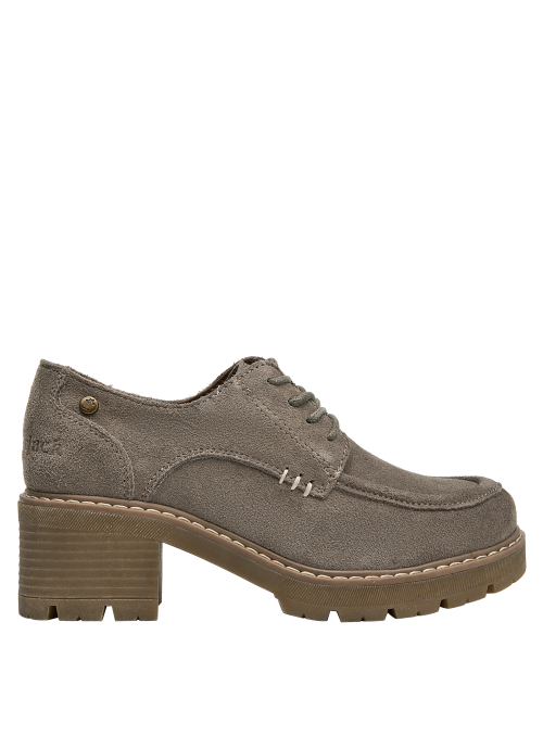 Zapato de cuero taupe para mujer, con taco bloque, ideal para vestir con jeans o vestido.