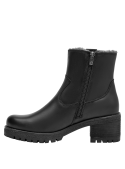 Botín negro de cuero para mujer, con taco bloque de 6 cm, perfecto para días fríos y comodidad acogedora.