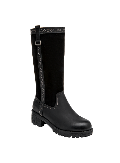 Bota negra de cuero para mujer, taco bloque de 5 cm, adecuada para aventuras urbanas y paseos al aire libre.