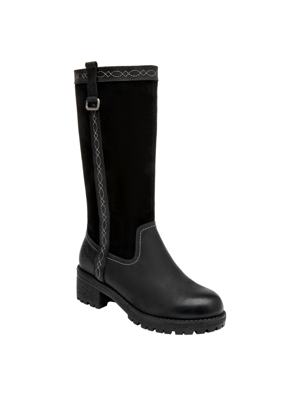 Bota negra de cuero para mujer, taco bloque de 5 cm, adecuada para aventuras urbanas y paseos al aire libre.