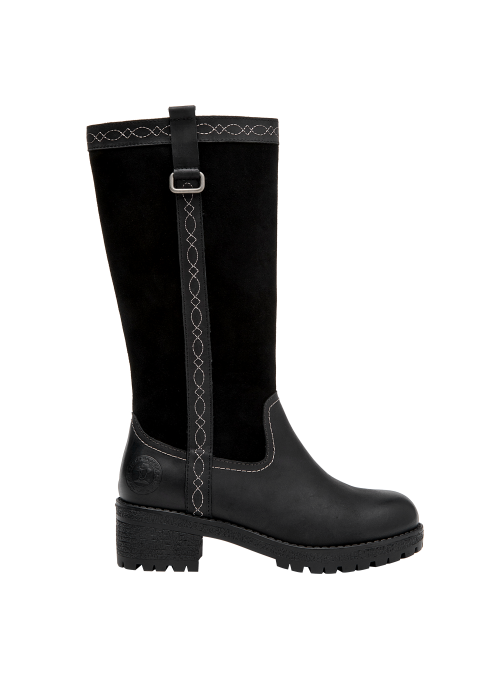 Bota negra de cuero para mujer, taco bloque de 5 cm, adecuada para aventuras urbanas y paseos al aire libre.