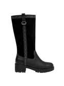 Bota negra de cuero para mujer, detalle de costura contrastante, ideal para un look auténtico y atrevido.