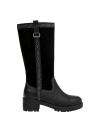 Bota negra de cuero para mujer, detalle de costura contrastante, ideal para un look auténtico y atrevido.