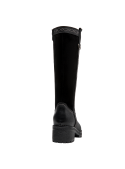 Bota negra de cuero para mujer, diseño robusto, perfecto para combinar con jeans y chaqueta de cuero.