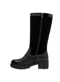 Bota negra de cuero para mujer, punta redonda, ofrece comodidad y estilo en cualquier ocasión casual.