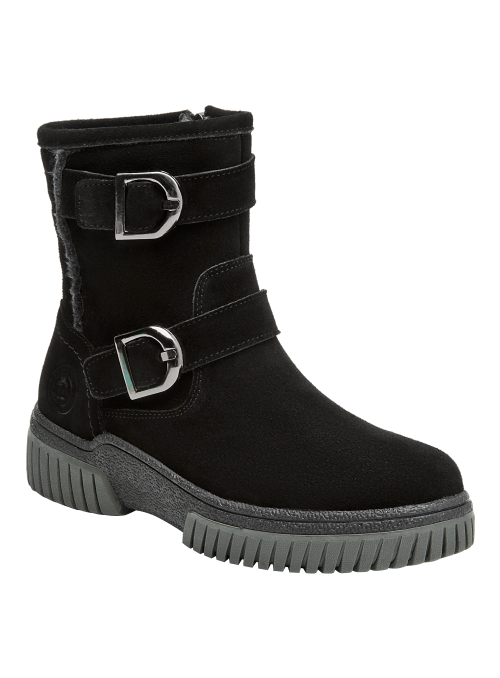 Bota negra de mujer, estilo casual, suela plana de 4.5 cm para comodidad en actividades cotidianas.