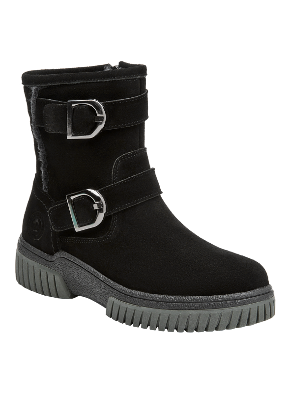 Bota negra de mujer, estilo casual, suela plana de 4.5 cm para comodidad en actividades cotidianas.