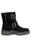 Bota de mujer negra de estilo casual, material de cuero, recomendada para paseos y actividades diarias.