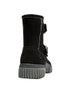 Bota de mujer negra con tiras ajustables, diseño casual, perfecta para combinar con jeans y chaqueta.