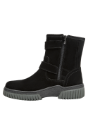 Bota de cuero negra para mujer, diseño clásico con punta redonda, ideal para looks urbanos y relajados.