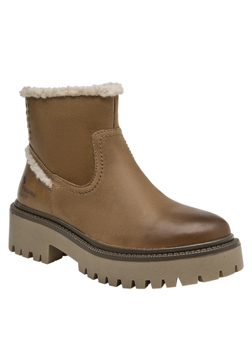 Botín de cuero taupe para mujer, con taco de 4 cm, ideal para un look auténtico.