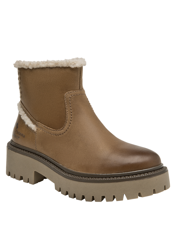 Botín de cuero taupe para mujer, con taco de 4 cm, ideal para un look auténtico.