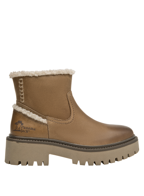 Botín de cuero taupe para mujer, con taco de 4 cm, ideal para un look auténtico.