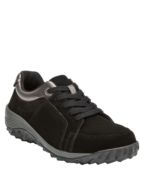 Zapato casual negro para mujer, taco plano de 5 cm, adecuado para un estilo de vida activo.