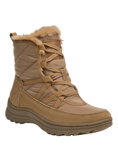 Botín de mujer color camel, taco plano de 5 cm, ideal para recorridos cómodos en la ciudad.