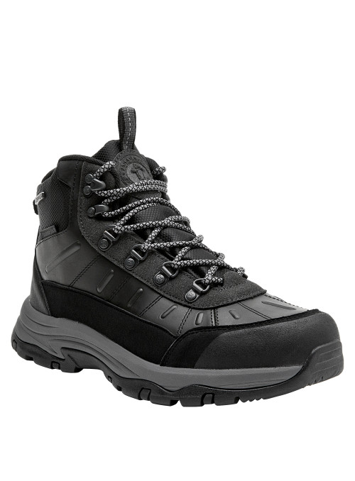 Botín negro sintético para hombre, estilo outdoor, ideal para aventuras urbanas y naturaleza.