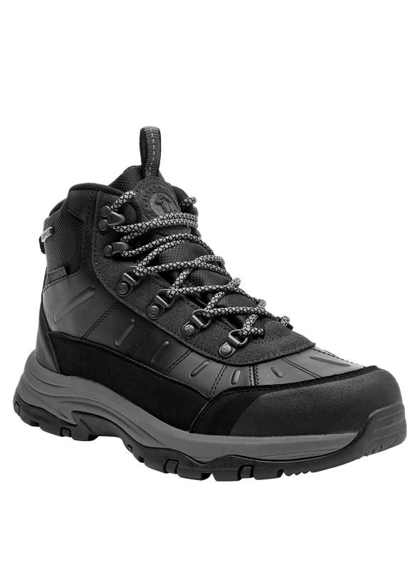 Botín negro sintético para hombre, estilo outdoor, ideal para aventuras urbanas y naturaleza.