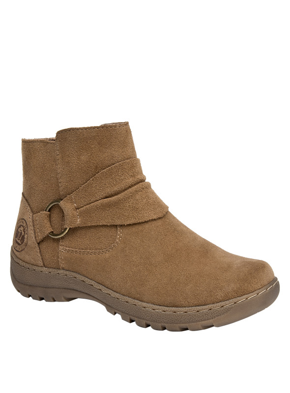 Botín de mujer camel, estilo casual, confeccionado en cuero, cómodo para actividades diarias.