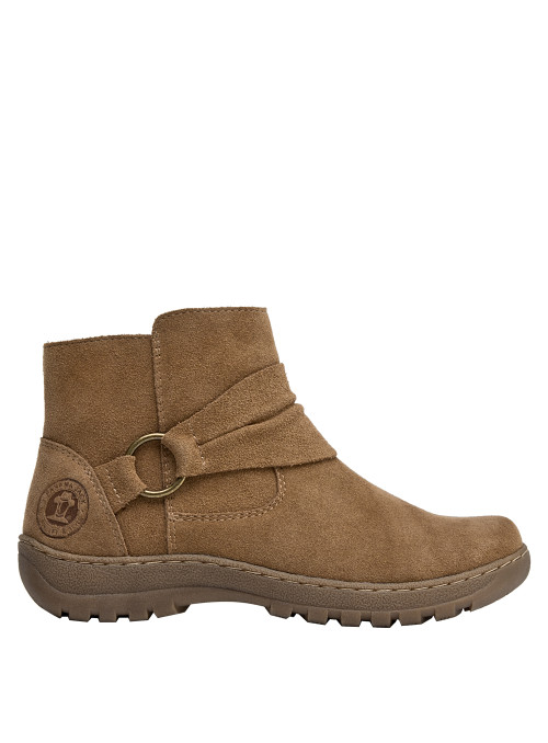 Botín de mujer camel, estilo casual, confeccionado en cuero, cómodo para actividades diarias.